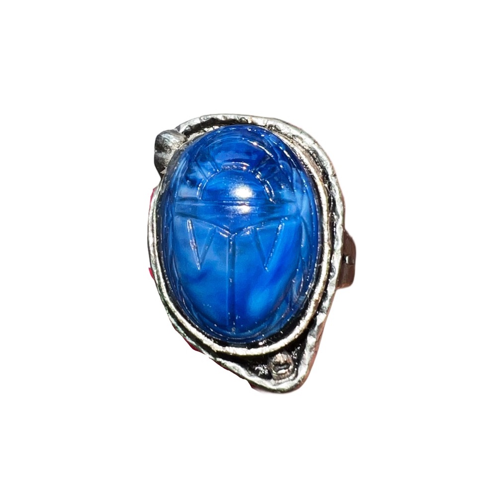 Deep Lapis Blue Scarab Beetle Antique Silver Plated Brass Ring